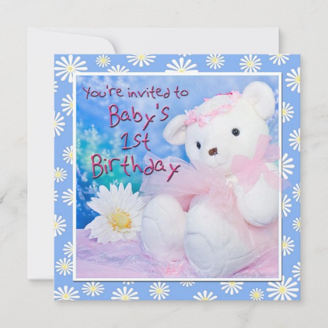 Baby's First Birthday Teddy Bear & Daisies Invitation (Front)