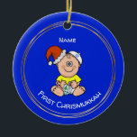 Baby's First Chrismukkah  Add Child's Name! Ceramic Ornament<br><div class="desc">This is a cute memento of a baby's first Chrismukkah. It features a baby with representations from both Jewish and Christian religions. The baby wears a Kippah and a Santa Hat, holding a dreidel and a candy cane. On the front, type in the child's name. On the back, type in...</div>