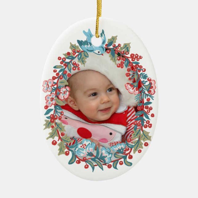 Baby's First Christmas 1st Cute Pastel Floral Ceramic Ornament (Front)