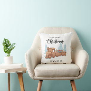 Baby's First Christmas 2025 Cute Wooden Toy Throw Pillow