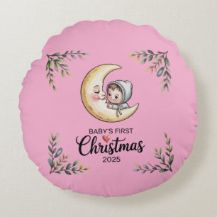 Baby's First Christmas 2025 Vintage Moon & Baby Round Pillow
