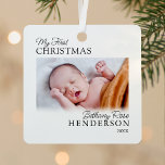 Baby's First Christmas 2 Photo Metal Ornament<br><div class="desc">Personalized new parent christmas ornament featuring a modern white background,  a photo either side of their new baby,  the saying 'my first christmas',  the childs name,  and the year.</div>