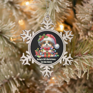 Baby's First Christmas add date puppy Snowflake Pewter Christmas Ornament