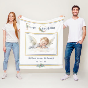 Baby's First Christmas Angel Gold White Christmas Fleece Blanket