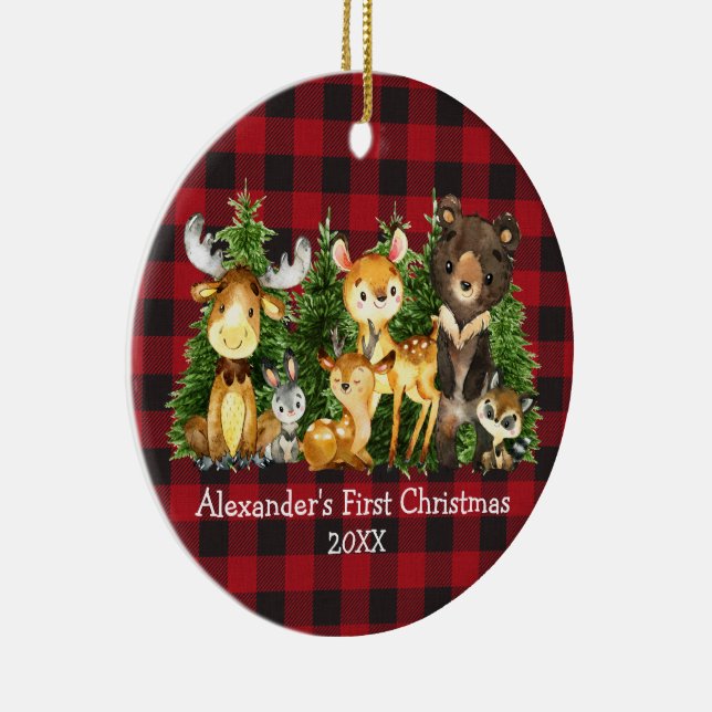 Baby's First Christmas Animals Deer Plaid PHOTO Ceramic Ornament (Right)