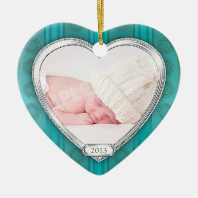 Babys First Christmas Aqua Silver Photo Xmas Ceramic Ornament (Front)