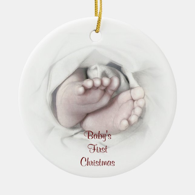Baby's First Christmas baby feet pencil sketch Ceramic Ornament (Front)