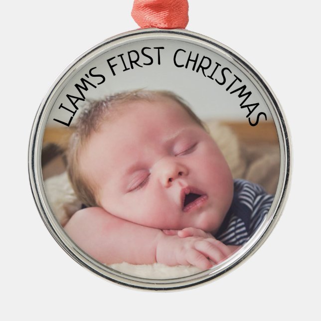 Baby's First Christmas Baby Photo Blue Christmas Metal Ornament (Front)
