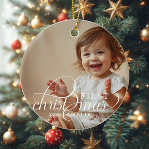 Baby's First Christmas Baby Photo Name Ceramic Ornament
