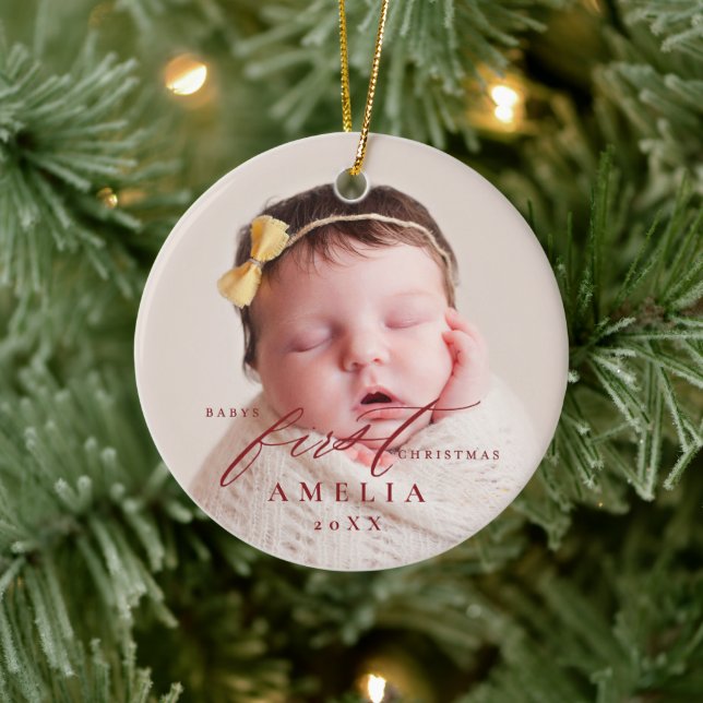 Babys First Christmas Baby Stats Ceramic Ornament (Tree)