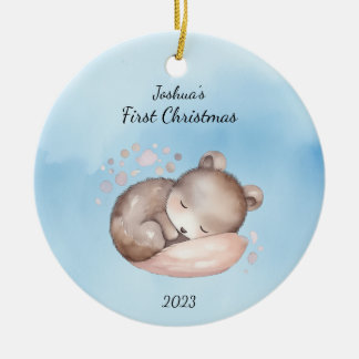 Baby's First Christmas Bear Blue Personalized Ceramic Ornament
