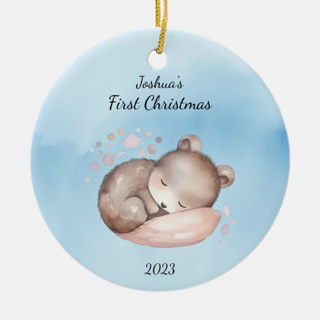 Baby's First Christmas Bear Blue Personalized Ceramic Ornament (Front)