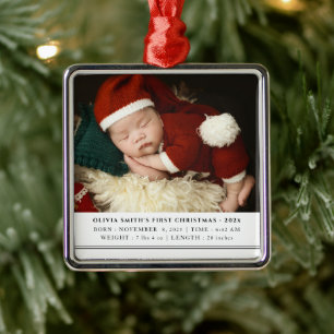 Babys First Christmas  Birth Stats Announcement Metal Ornament