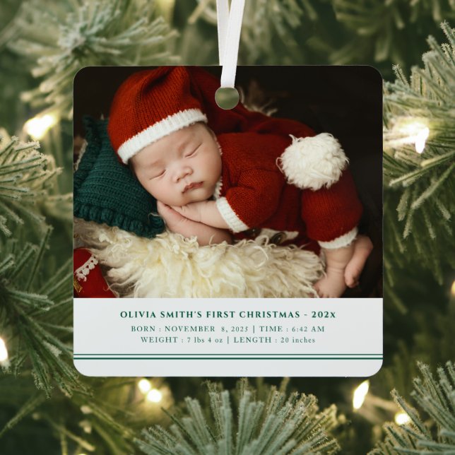 Babys First Christmas  Birth Stats Announcement Metal Ornament (Insitu)