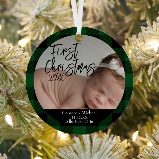 Baby's First Christmas Birth Stats Green Plaid Metal Ornament (Insitu)