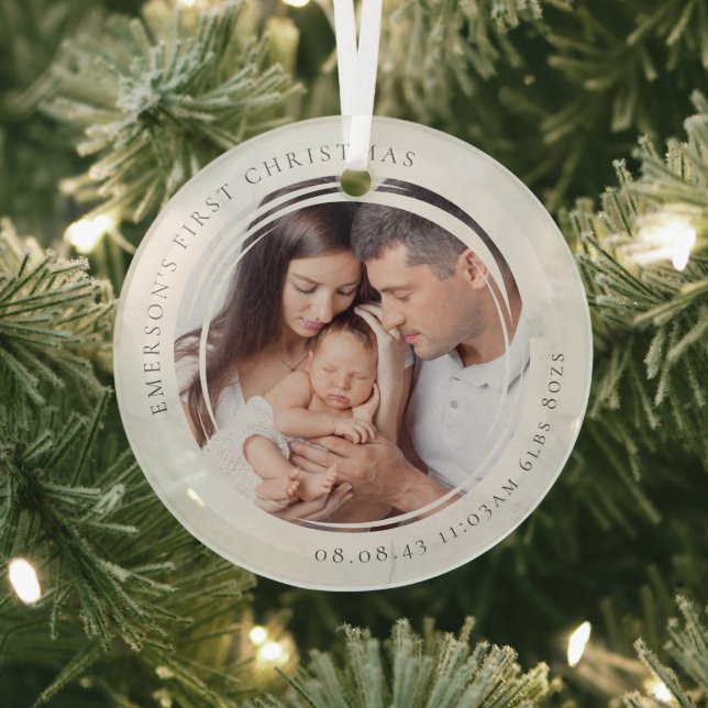 Baby's First Christmas Birth Stats Marble Photo  Glass Ornament (Insitu)