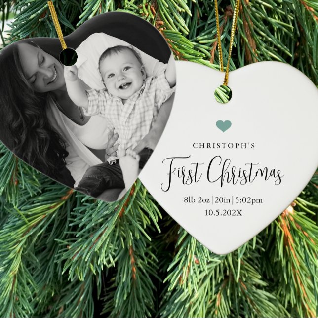 Baby's First Christmas Birth Stats Photo Heart  Ceramic Ornament (Creator Uploaded)