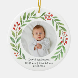 Baby's First Christmas Birth Stats Photo Keepsake  Ceramic Ornament