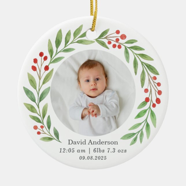 Baby's First Christmas Birth Stats Photo Keepsake  Ceramic Ornament (Front)