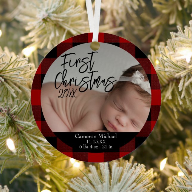 Baby's First Christmas Birth Stats Red Plaid Metal Ornament (Insitu)