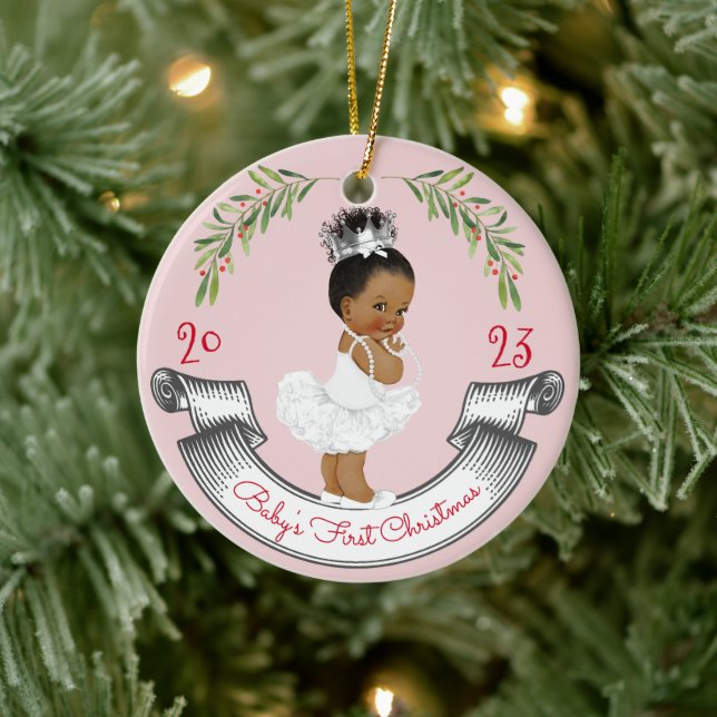 Baby's First Christmas Black Hair Crown Pink & Red Ceramic Ornament (Tree)