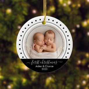 Baby's First Christmas Black, White Dots Ceramic Ornament