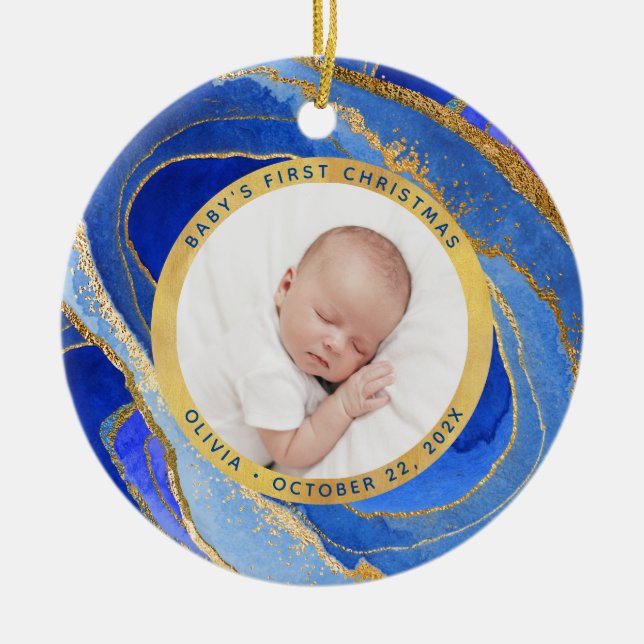 Baby's First Christmas | Blue and Gold Geode Photo Ceramic Ornament (Front)