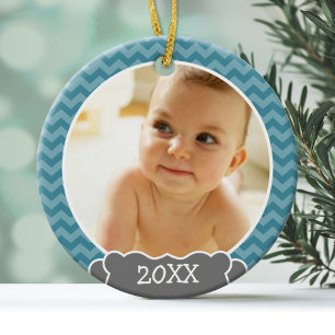 Babys First Christmas - blue chevrons and grey Metal Ornament