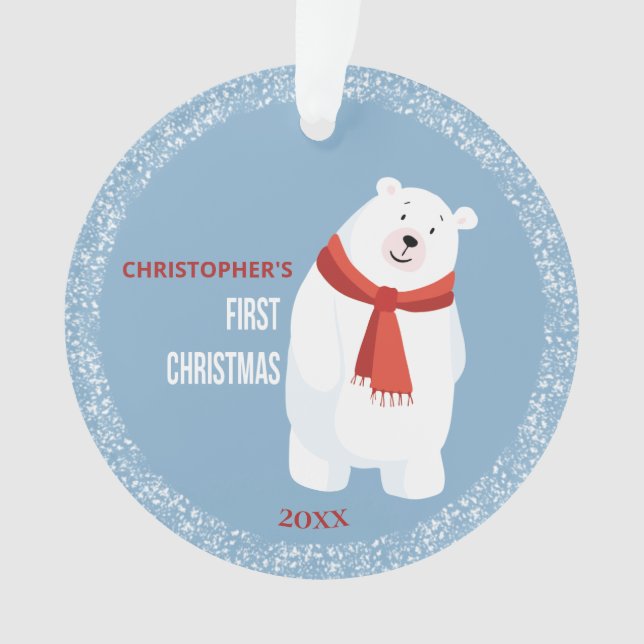 Baby's First Christmas Blue Cute Polar Bear Ornament (Front)