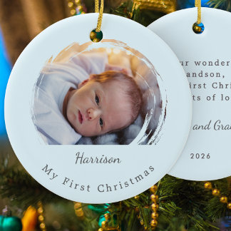 Baby's First Christmas Blue Elegant Photo Keepsake Ceramic Ornament