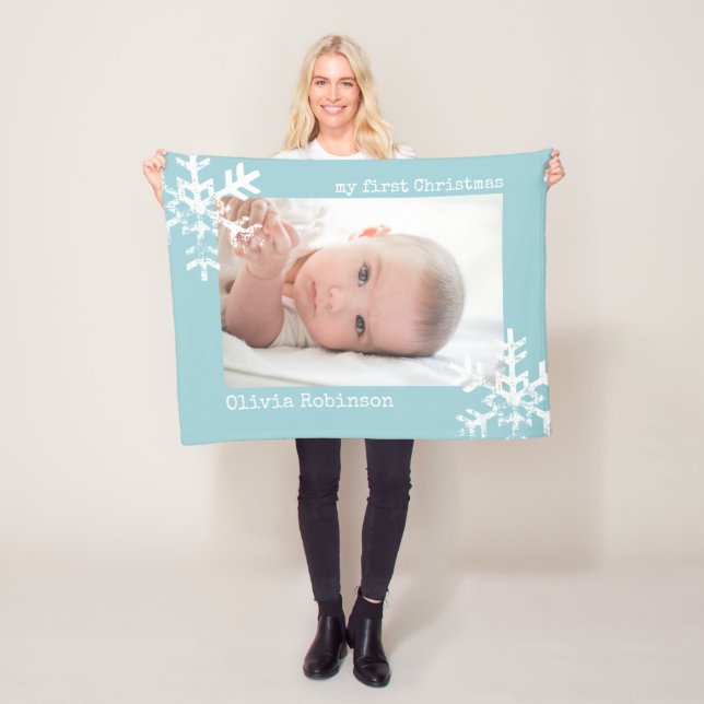 Baby's First Christmas Blue Photo with Snowflakes Fleece Blanket (In Situ)