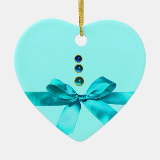 BABY'S FIRST CHRISTMAS Blue Ribbon Baby Boy Heart Ceramic Ornament (Front)