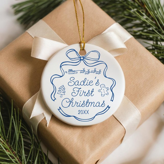 Babys First Christmas Blue Ribbon Whimsical Doodle Ceramic Ornament (Custom Baby Name Ornament First Christmas)