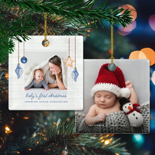 Baby's First Christmas Blue Seashell Holiday Photo Ceramic Ornament (Baby's First Christmas Blue Seashell Holiday Photo Ceramic Ornament)