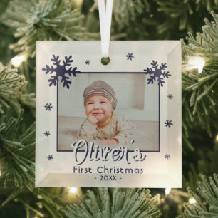 Baby's First Christmas Blue Snowflakes Photo Glass Ornament
