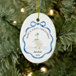 Babys First Christmas Blue Watercolor Ribbon Goose Ceramic Ornament