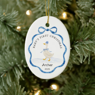 Babys First Christmas Blue Watercolor Ribbon Goose Ceramic Ornament