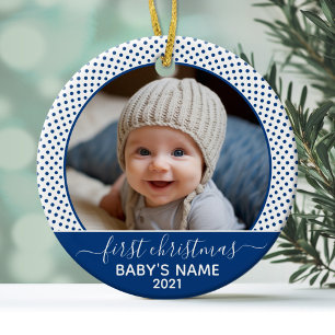 Babys First Christmas - Blue White Polka Dots Ceramic Ornament