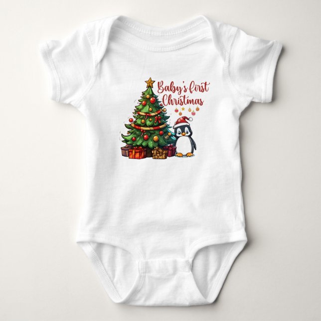 Baby's First Christmas Bodysuit | Cute Penguin  (Front)