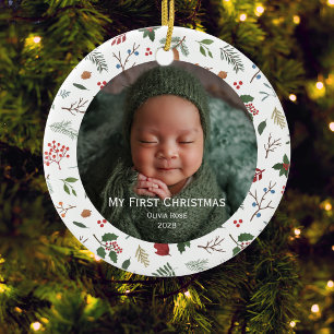 Babys First Christmas Botanical Family Photo Ceramic Ornament