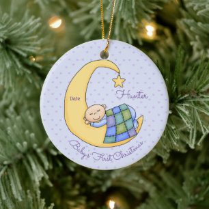 Baby's First Christmas - Boy - Sleeping on Moon Ceramic Ornament