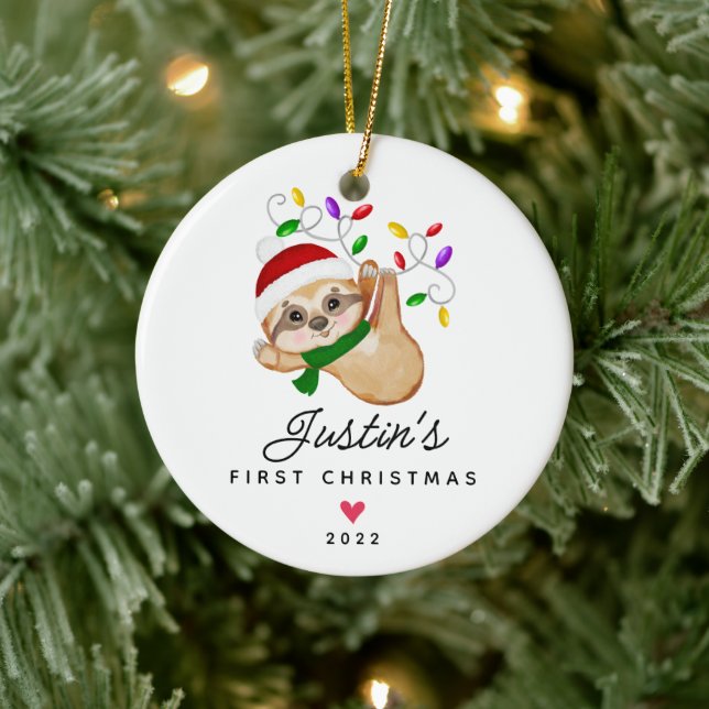 Baby's First Christmas Boy Sloth 2 Sided Photo Ceramic Ornament (Tree)