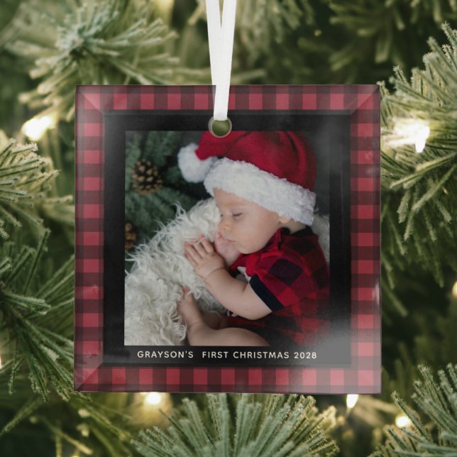 Baby's First Christmas Buffalo Plaid Photo Glass Ornament (Insitu)