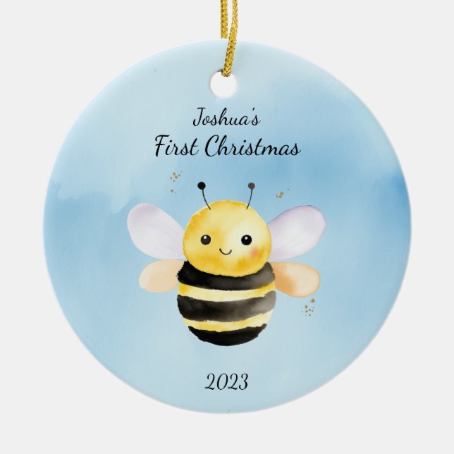 Baby's First Christmas BumbleBee Blue Personalized Ceramic Ornament (Front)