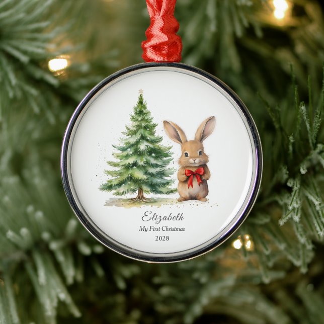 Baby's First Christmas Bunny Personalized  Metal Ornament (Tree)