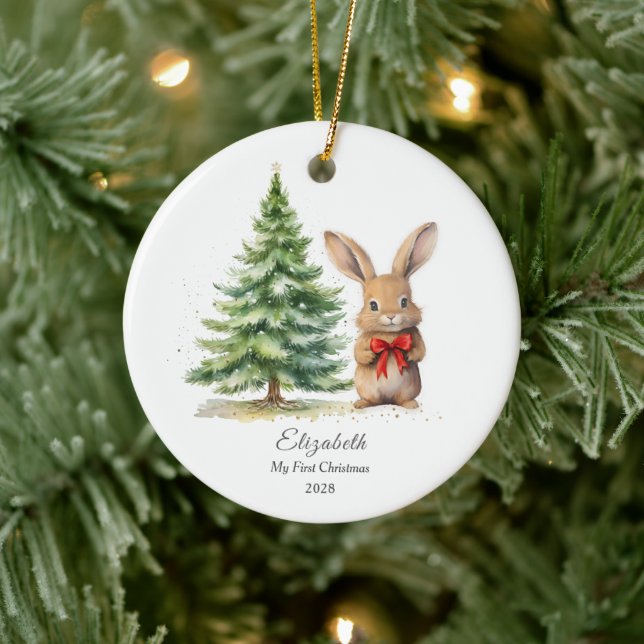 Baby's First Christmas Bunny Personalized Photo Ceramic Ornament (Tree)