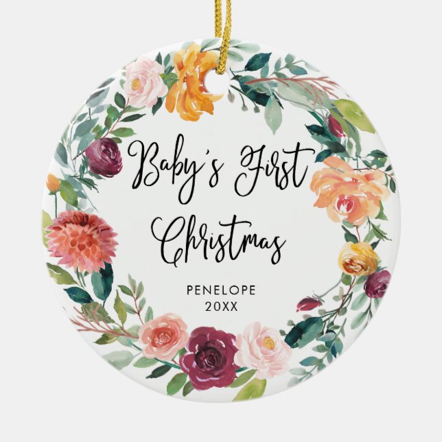 Baby's First Christmas | Burgundy Wreath and Photo Ceramic Ornament (Front)