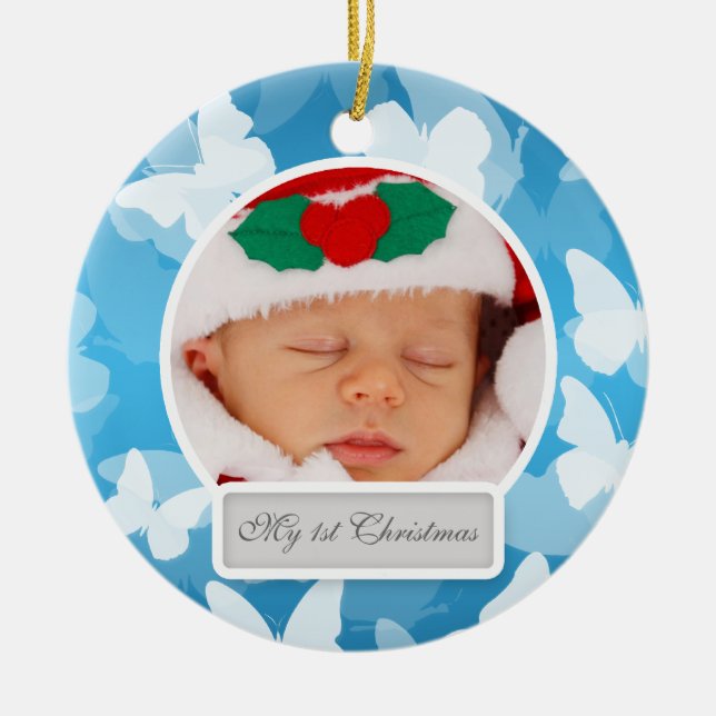 Baby's First Christmas Butterflies Blue Ceramic Ornament (Front)