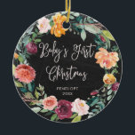 Baby's First Christmas | Chalkboard Floral Photo Ceramic Ornament<br><div class="desc">This beautiful Christmas ornament says "Baby's First Christmas" in trendy handwritten script,  on a black chalkboard look background. A rustic watercolor floral wreath with flowers in shades burgundy,  marsala,  orange,  peach,  and blush circles the edges. The back of the ornament has a spot for your baby's photo.</div>