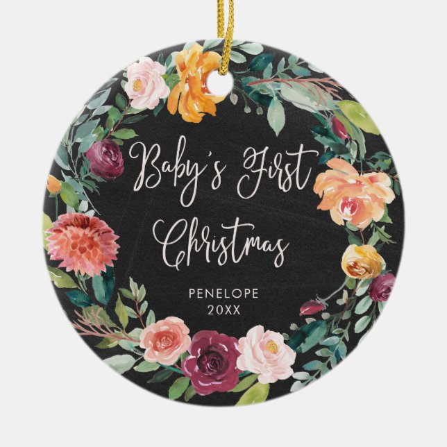 Baby's First Christmas | Chalkboard Floral Photo Ceramic Ornament (Front)